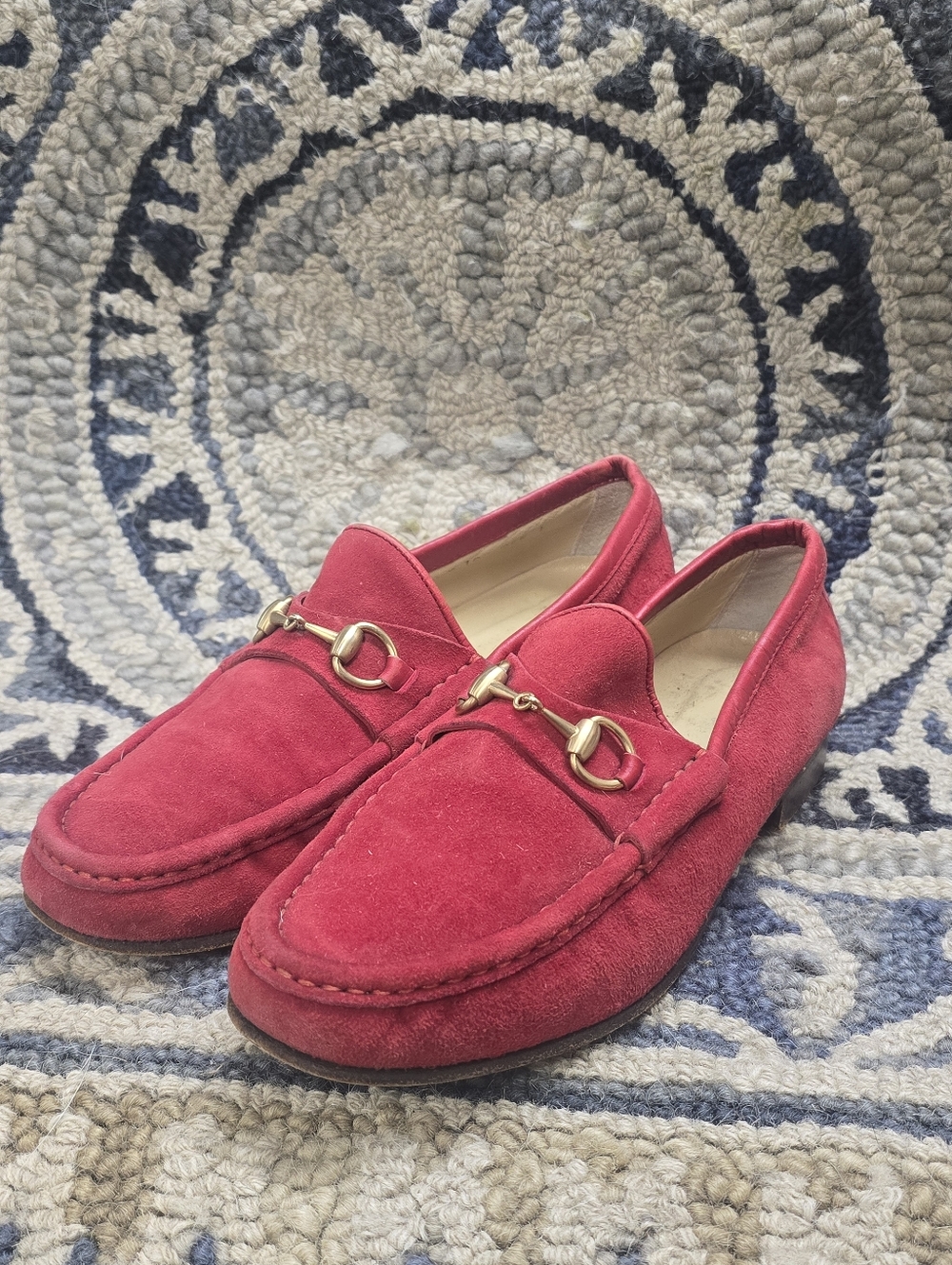 Gucci Red Suede Horsebit Loafers with Gold Hardware